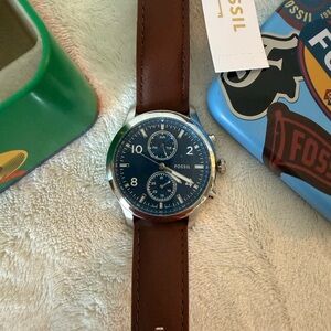Fossil Blue Dial Brown Leather Strap Chronograph Watch